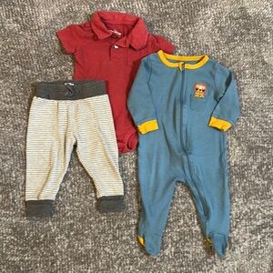 EUC boys assorted lot of joggers, polo style onesie, and footed zipper sleeper9m